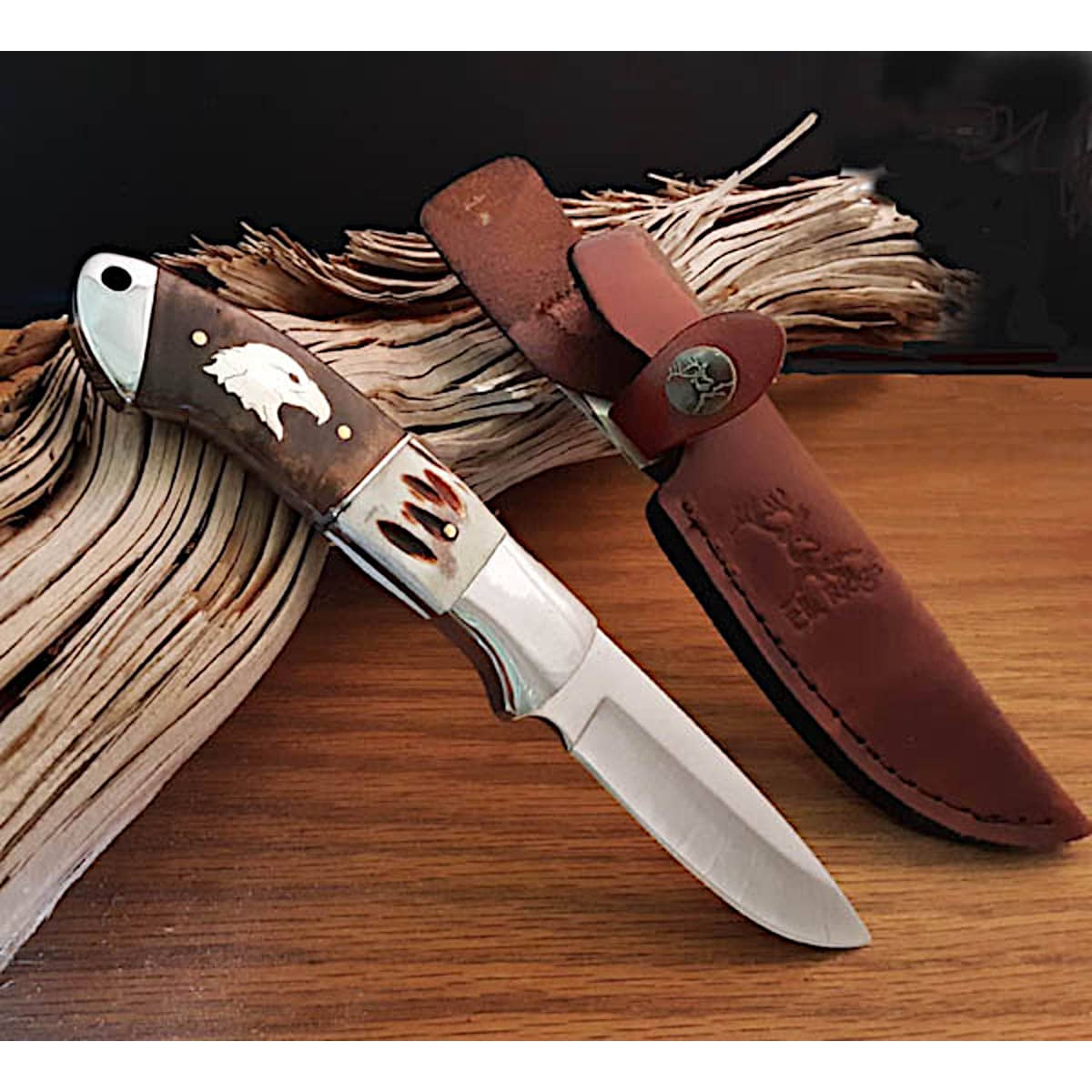 Inlaid Eagle Head Lock Back Wood Knife Joe Wilcox Indian Den