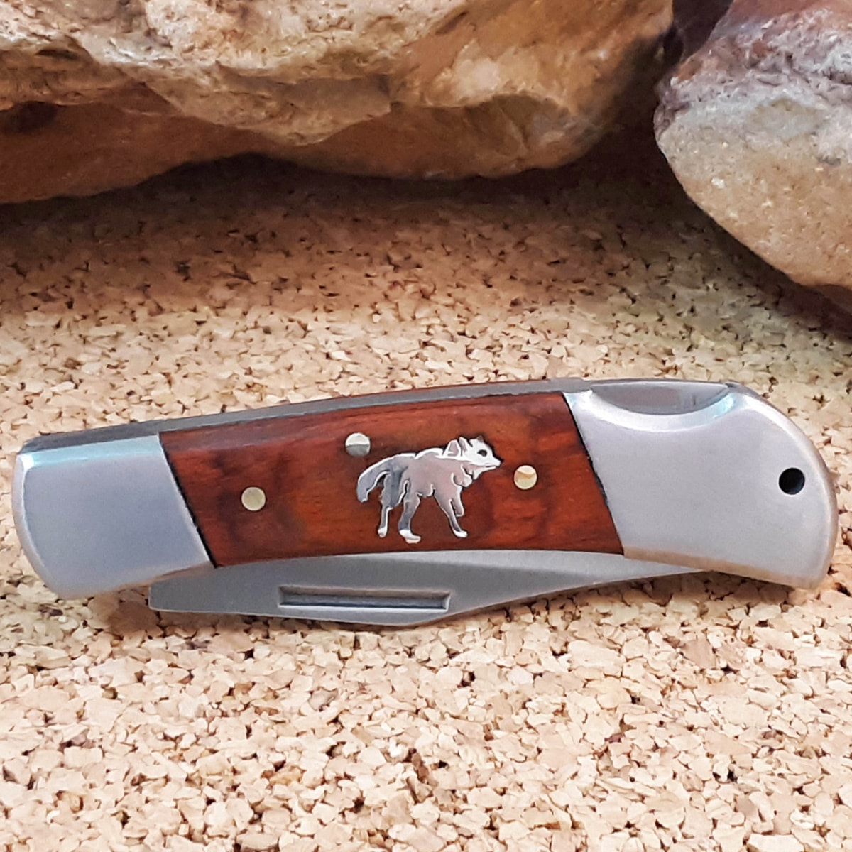 Silver Inlaid Wolf Lockback Pocket Knife