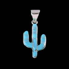 Navajo Saguaro Cactus Pendant: Genuine Turquoise Inlay