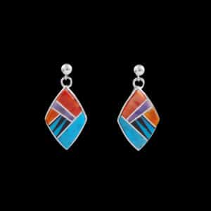 Diamond-Shaped Multi-Stone Silver Dangle Inlay Earrings